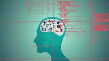 Dijital ikonlar, bulutlar ve veri işleme ile insan kafasının animasyonu. küresel bağlantılar, teknoloji ve dijital arayüz konsepti dijital olarak oluşturulmuş video.