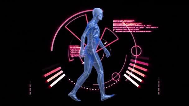 Animação Digital Modelo Corpo Humano Andando Contra Scanner Redondo Processamento — Vídeo de Stock