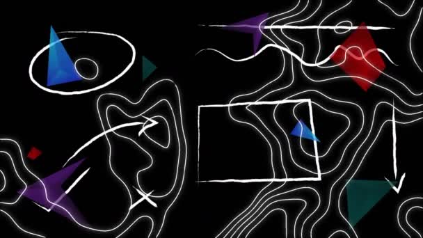 Digitale Animation Der Topographie Vor Farbenfrohen Abstrakten Formen Auf Schwarzem — Stockvideo