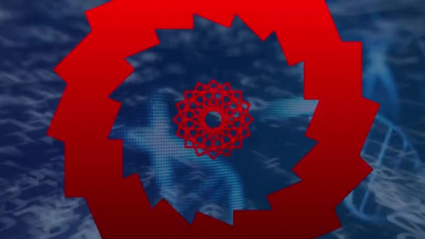 青色の背景でバイナリコーディングデータ処理に対して回転するDna構造上の花のデザイン コンピュータ インターフェースと医療研究技術の概念 — ストック動画