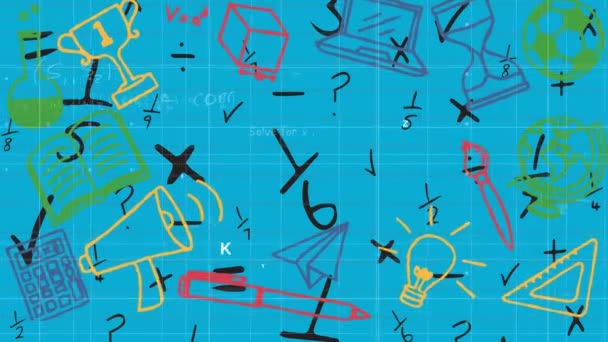 与蓝色背景上的数学符号相对照 网格网络上的多个学校概念图标 回到学校和教育的概念 — 图库视频影像