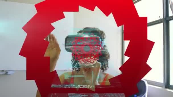 Animación Formas Rojas Interfaces Datos Sobre Mujer Auriculares Usando Interfaz — Vídeos de Stock