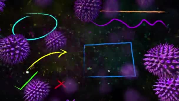 Ψηφιακό Animation Covid Κυττάρων Πάνω Από Πολύχρωμα Αφηρημένα Σχήματα Και — Αρχείο Βίντεο