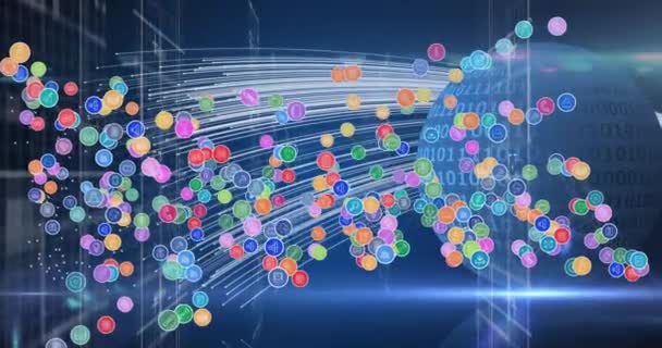 Netwerk Van Digitale Pictogrammen Tegen Binaire Codering Wereldbol Tegen Lichtsporen — Stockvideo