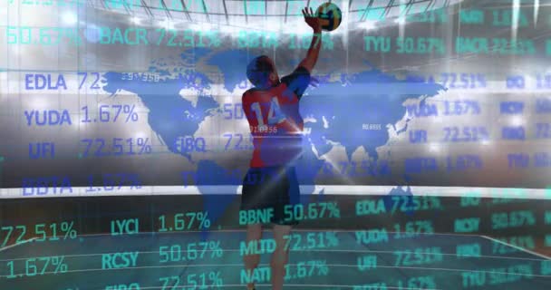 Procesamiento Datos Del Mercado Valores Mapa Mundial Contra Jugador Voleibol — Vídeos de Stock