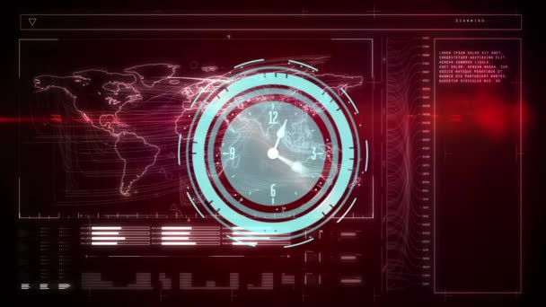 Digital Clock Ticking World Map Digital Interface Data Processing Red — Stock Video