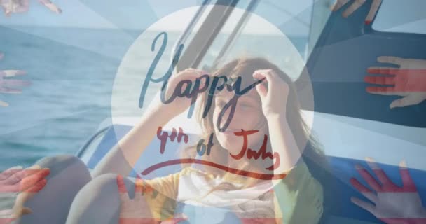 Animation Happy 4Th July Text Smiling Woman Sailing Yacht American — Stockvideo