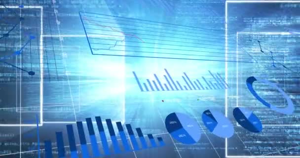 Digitale Animatie Van Statistische Gegevensverwerking Tegen Gegevensverwerking Blauwe Achtergrond Mondiaal — Stockvideo