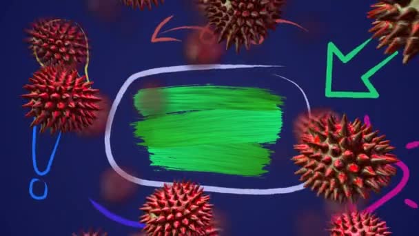 緑の塗料ブラシストロークと青の背景に抽象的な形状上の複数のCovid 19細胞 コロナウイルスCovid 19パンデミックの概念 — ストック動画