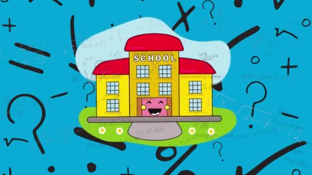 数学符号和方程漂浮在蓝色背景的学校建筑图标上 回到学校和教育的概念 — 图库视频影像