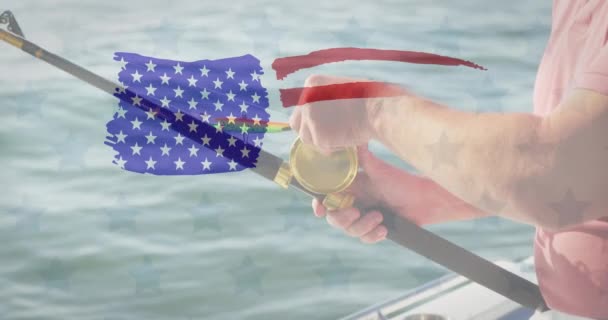 Amerikai Zászlótervezés Fehér Férfi Középső Része Ellen Horgászbotot Használva Egy — Stock videók