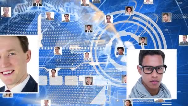 Animering Roterande Glob Människor Porträtt Över Omfattning Skanning Och Databehandling — Stockvideo