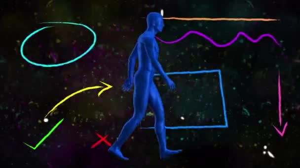 Human Body Model Walking Colorful Abstract Shapes Particles Black Background — Stock Video