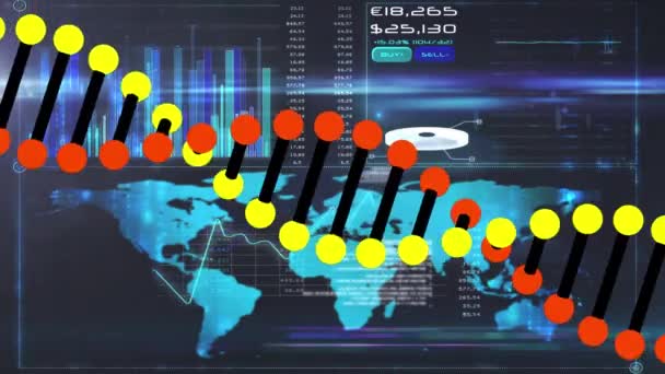 Animação Fita Dna Virando Interface Com Mapa Mundo Processamento Dados — Vídeo de Stock