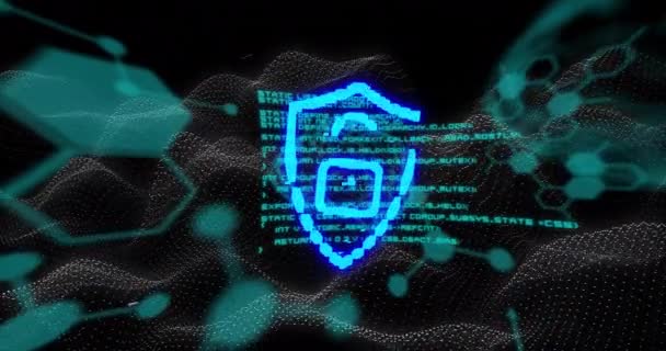 Neon Veiligheidshangslot Pictogram Chemische Structuren Gegevensverwerking Tegen Digitale Golven Cyber — Stockvideo