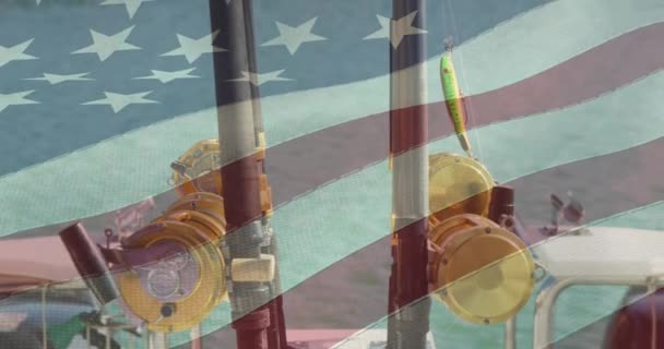 American Flag Waving Close View Two Fishing Rod Boat American — Stock Video