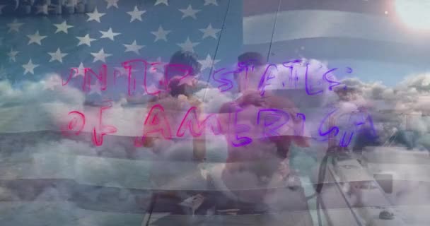 Independence Text Waving American Flag Couple Fishing Sitting Boat Clouds — Stock Video