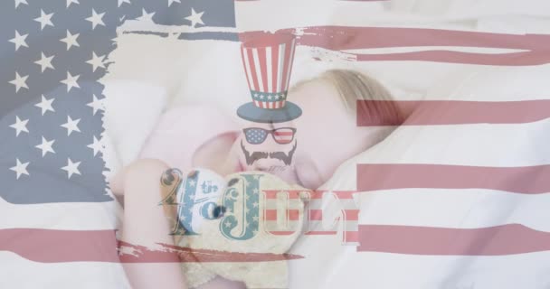 Independence Text American Flag Waving Caucasian Girl Sleeping Her Teddy — Stock Video