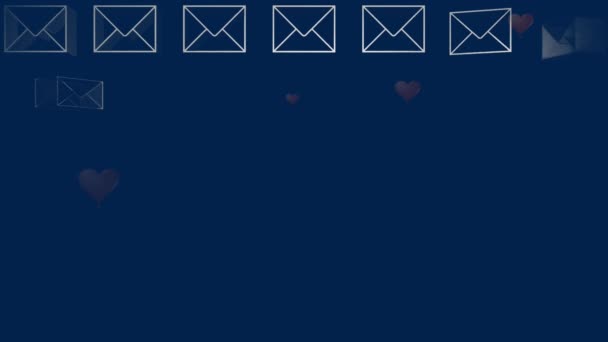 Multiple Message Icons Multiple Black Hearts Falling Blue Background Social — Stock Video