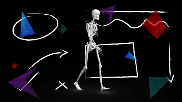 Animatie Van Menselijk Skelet Lopen Handgeschreven Pictogrammen Pijlen Mondiale Wetenschap — Stockvideo