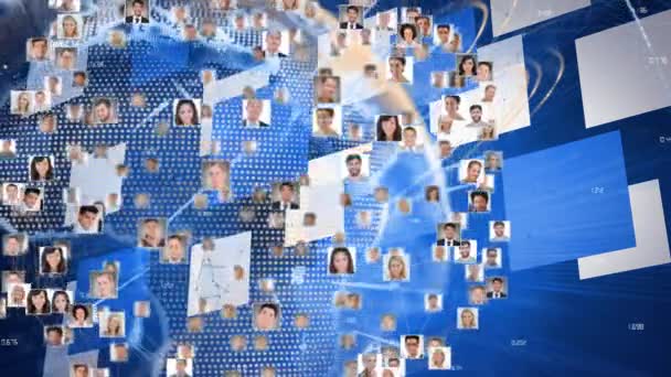 Animering Människor Porträtt Roterande Runt Världen Med Databehandling Blått Globalt — Stockvideo
