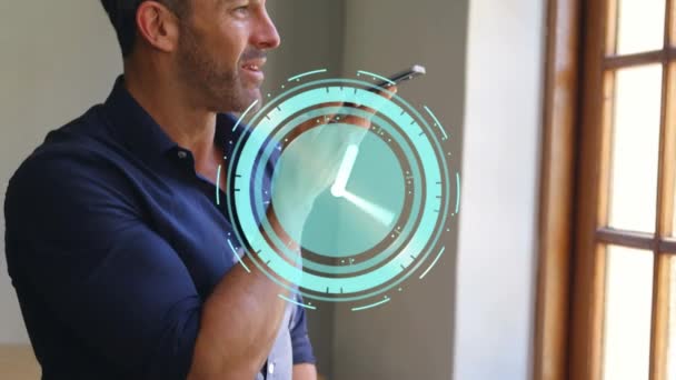 Animation Clock Moving Fast Businessman Talking Smartphone Global Connections Technology — Stock Video