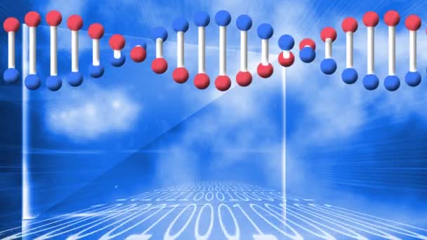 Dna Structuur Draait Tegen Binaire Codering Dataverwerking Blauwe Achtergrond Medisch — Stockvideo