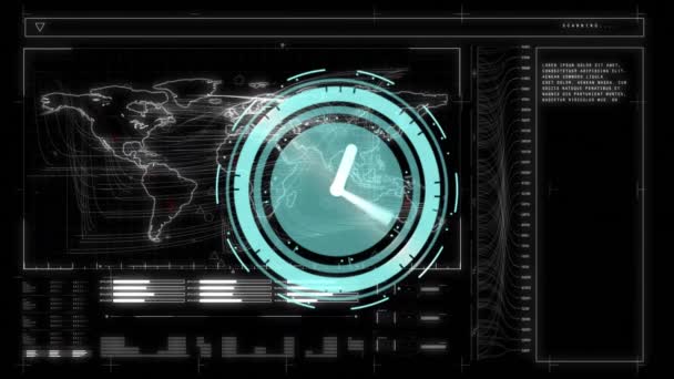 Relógio Digital Marcando Sobre Mapa Mundo Interface Digital Com Processamento — Vídeo de Stock