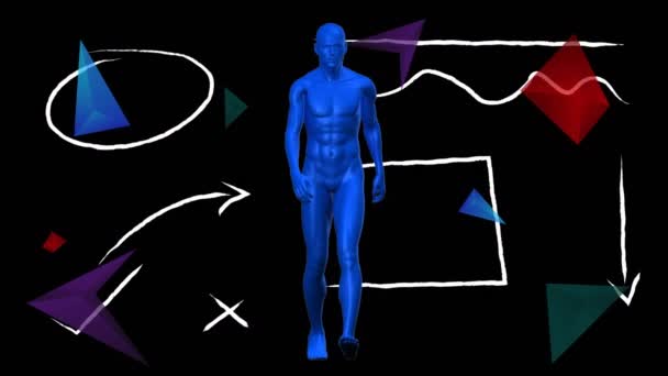 Cyfrowa Animacja Modelu Ludzkiego Ciała Chodzącego Czarnym Tle Barwnych Abstrakcyjnych — Wideo stockowe