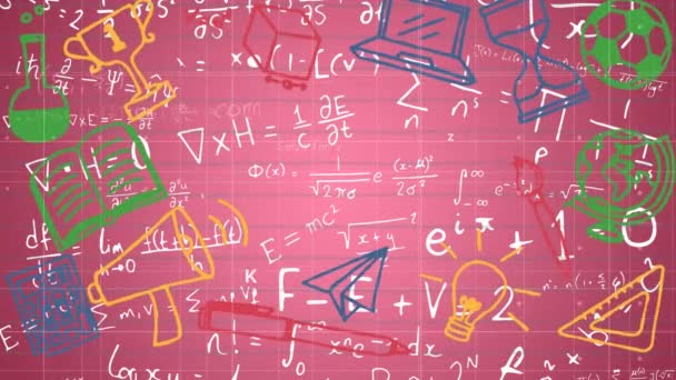 Ikony Koncepcji Szkoły Nad Siatką Tle Matematycznych Symboli Równań Różowym — Wideo stockowe