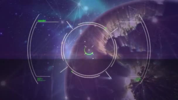 Animasi Lingkup Lingkaran Pemindaian Bola Bercahaya Dengan Jaringan Koneksi Teknologi — Stok Video