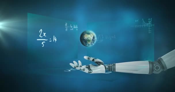 与蓝色背景的数学方程相对照 地球在机器人手上旋转 数学和机器人研究技术概念 — 图库视频影像