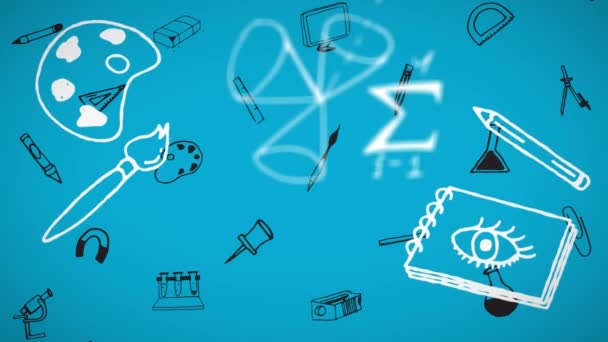 Wiskundige Symbolen Zweven Tegen Meerdere School Concept Iconen Blauwe Achtergrond — Stockvideo