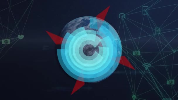 Mavi Arkaplanda Dünyaya Karşı Dönen Dijital Simgelerden Oluşan Bir Üzerinde — Stok video