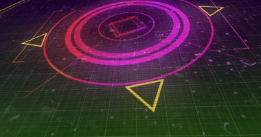 Izgara arkaplan üzerinde işaretleyiciler ile parlayan çok renkli tarama görüntüsü. dijital arayüz küresel bağlantı ve dijital olarak oluşturulan iletişim konsepti.