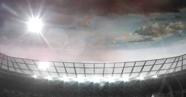 Parlak spot ışıkları ve fotokopi alanı olan spor stadyumu kompozisyonu. küresel spor ve rekabet konsepti dijital olarak oluşturulmuş görüntü.