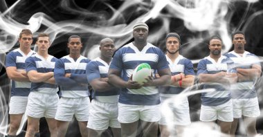 Siyah arka planda rugby topu tutan erkek rugby takımının kompozisyonu. spor ve yarışma konsepti dijital olarak oluşturulmuş görüntü.