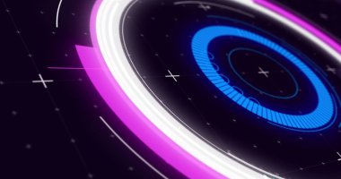 Siyah arkaplanda işaretlerle parlayan tarama ve dönme görüntüsü. dijital arayüz bağlantısı ve dijital olarak oluşturulan iletişim konsepti.