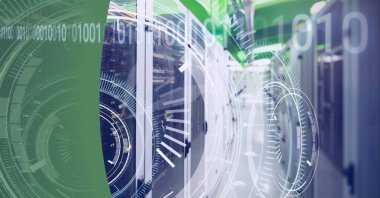 Kapsam taraması ve bilgisayar sunucularıyla ikili kodlama bileşimi. küresel iş, dijital arayüz, teknoloji ve ağ konsepti dijital olarak oluşturulmuş görüntü.