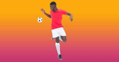 Erkek futbolcunun fotokopi aletiyle futbol oynaması. spor ve yarışma konsepti dijital olarak oluşturulmuş görüntü.