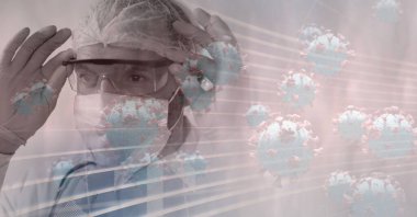 Coperid 19 hücrenin animasyonu ve Pen giysili bir sağlık çalışanı. küresel covid 19 salgın konsepti dijital olarak oluşturulmuş video.