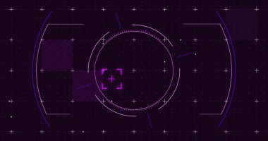Parlak mor karelerin görüntüsü ve şebeke arka planında işaretleyicilerle tarama. dijital arayüz küresel bağlantı ve dijital olarak oluşturulan iletişim konsepti.