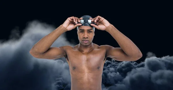 Komposition Eines Männlichen Schwimmers Über Wolken Auf Schwarzem Hintergrund Sport — Stockfoto