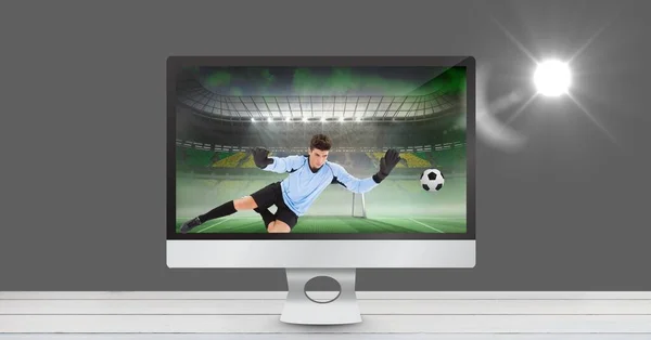 Samenstelling Van Een Mannelijke Voetballer Die Voetbal Speelt Digitaal Gegenereerd — Stockfoto