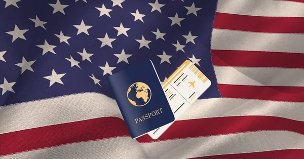 美国国旗上的护照和机票的组成 爱国主义 独立和旅行概念数字生成的图像 — 图库照片