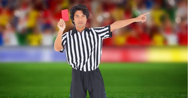 Composition Male Referee Holding Red Card Football Stadium Sport Competition — Stock Photo, Image