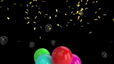 Yüzen siyah balonlar ve konfetilerin siyaha düştüğü renkli balonların animasyonu. pozitif duygular, kutlama ve refah konsepti, dijital olarak oluşturulmuş video.