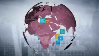 Bağlantı ağı olan dünya ve simgelerin animasyonu. küresel dijital arayüz, teknoloji ve ağ konsepti dijital olarak oluşturulmuş video.