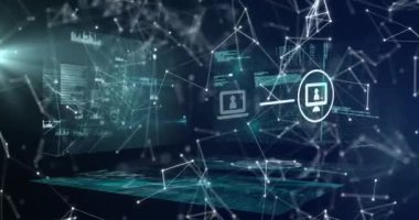 Mavi zemin üzerinde veri işleme ile ekranlar karşı bağlantılar ağı üzerinde dijital simgeler. küresel ağ ve bilgisayar arayüzü teknolojisi kavramı