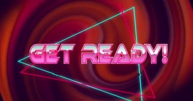 Metnin animasyonu hazır olun, pembe ve gümüş renkli, kırmızı ve mavi üçgenli, kıvrımlı kırmızı. Klasik video oyunu arayüzü iletişim konsepti, dijital olarak üretilen video. etready